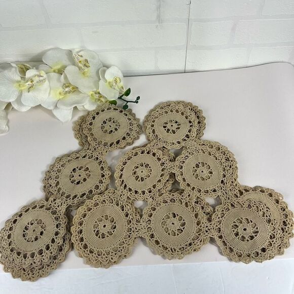Vintage doiley set of 10 tan Crochet - Picture 1 of 12
